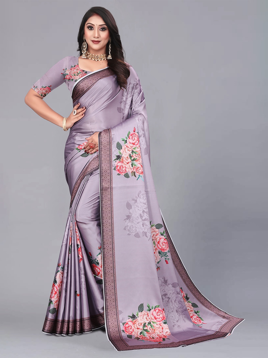 

NIWAA Floral Printed Satin Saree, Purple