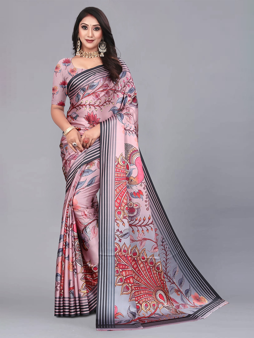 

NIWAA Floral Printed Satin Saree, Pink
