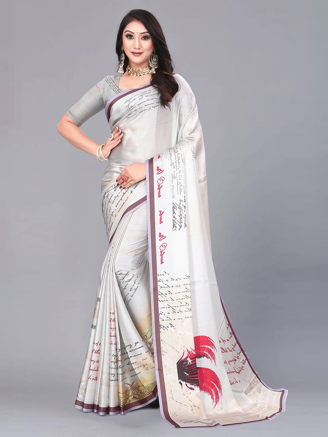 

NIWAA Abstract Printed Satin Saree, Grey