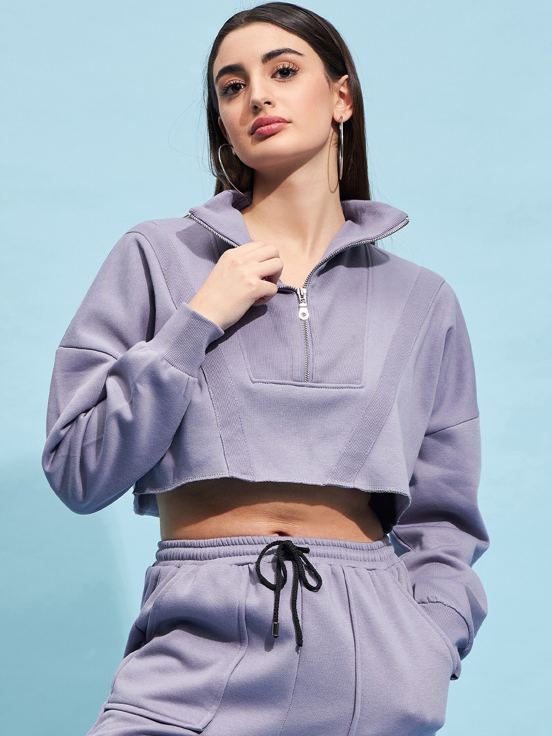 

STREET 9 Lavender Mock Collar Crop Pure Cotton Sweatshirt