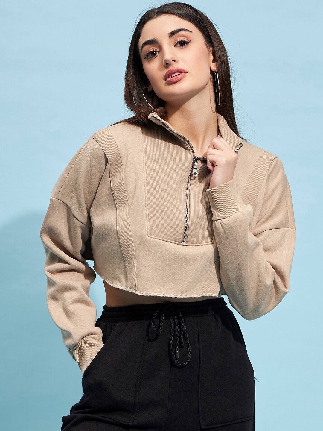 

STREET 9 Beige Mock Collar Crop Pure Cotton Sweatshirt