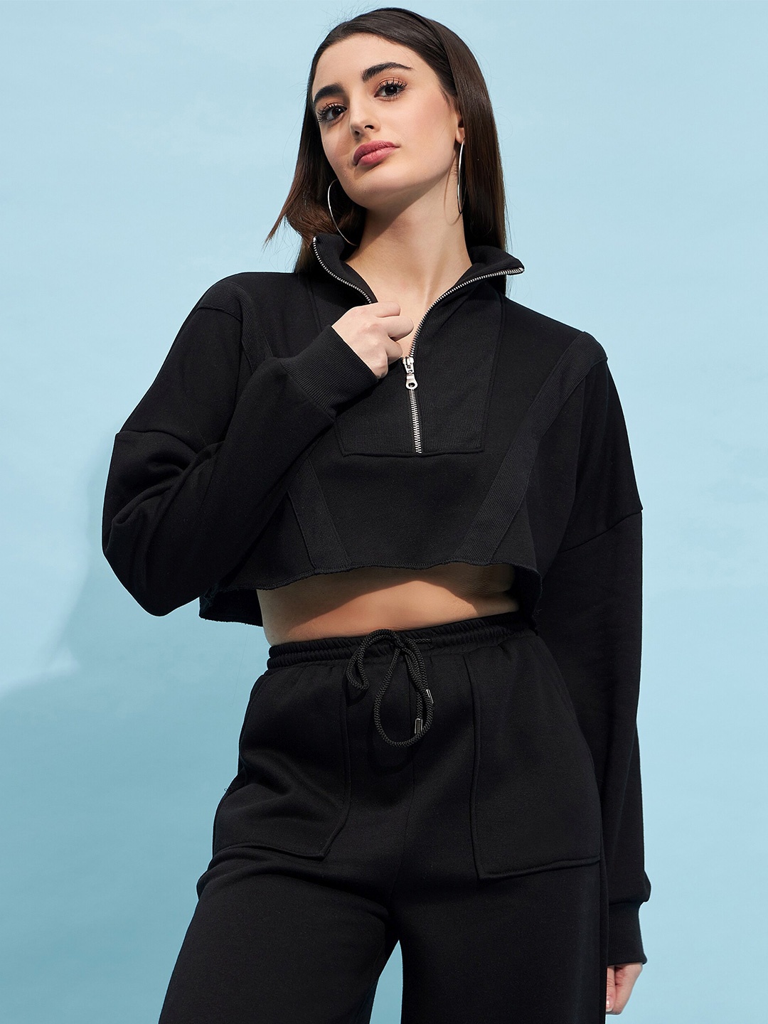 

STREET 9 Black Mock Collar Pure Cotton Crop Sweatshirt