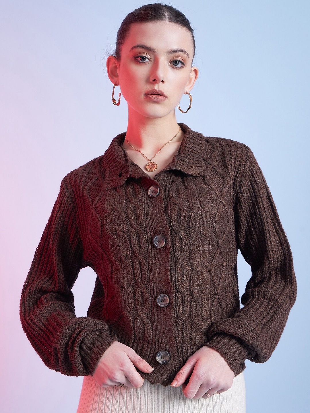 

STREET 9 Long Sleeves Self Design Cable Knit Cardigan Sweater, Brown