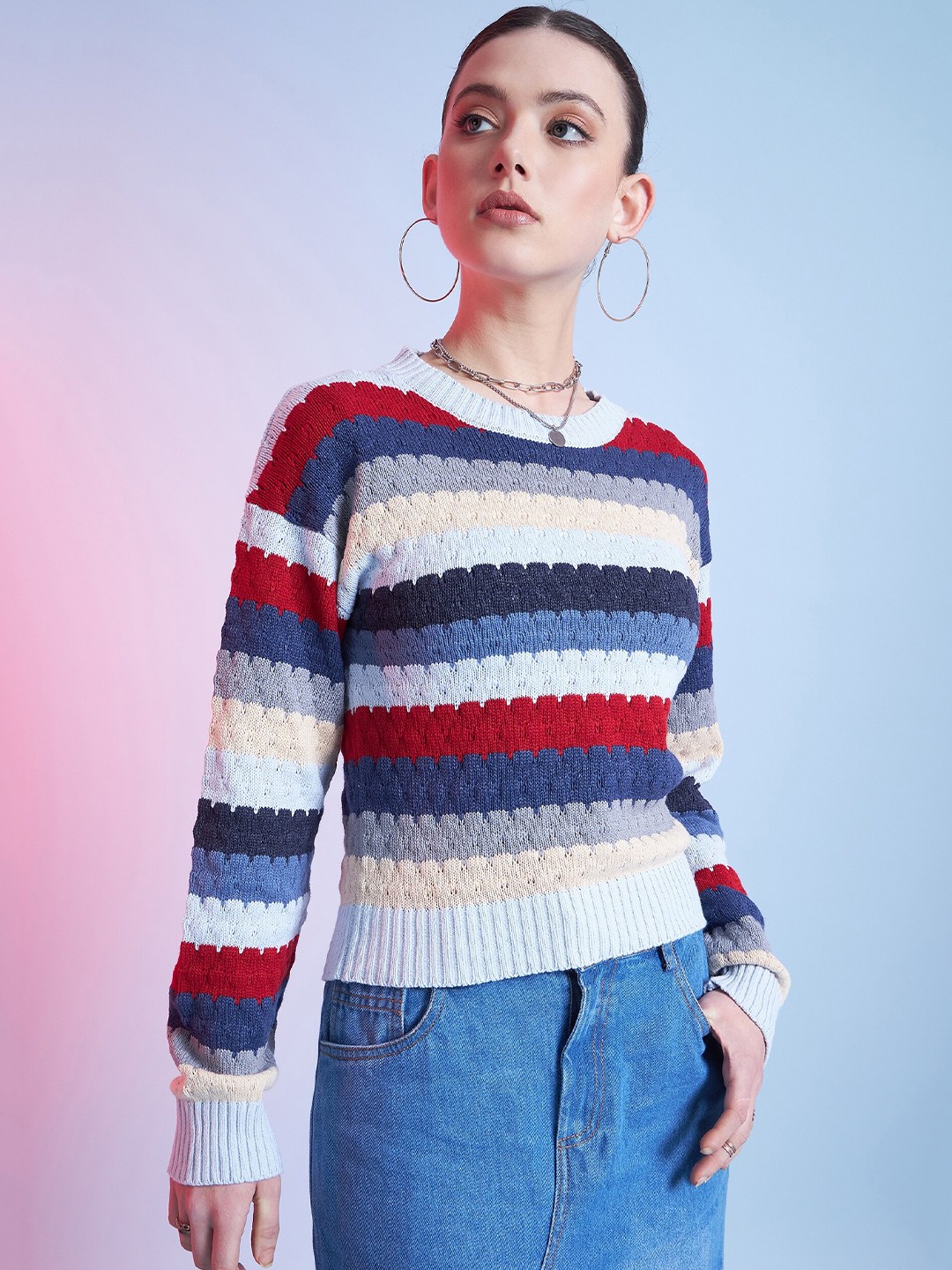 

STREET 9 Long Sleeves Round Neck Striped Pullover Sweater, White
