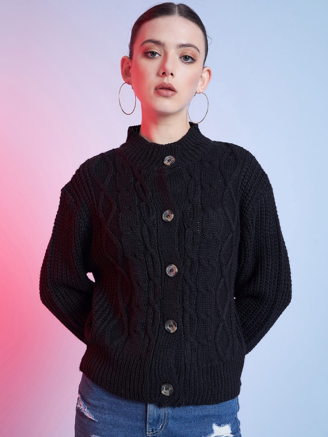 

STREET 9 Long Sleeves Mock Collar Cable Knit Cardigan Sweater, Olive