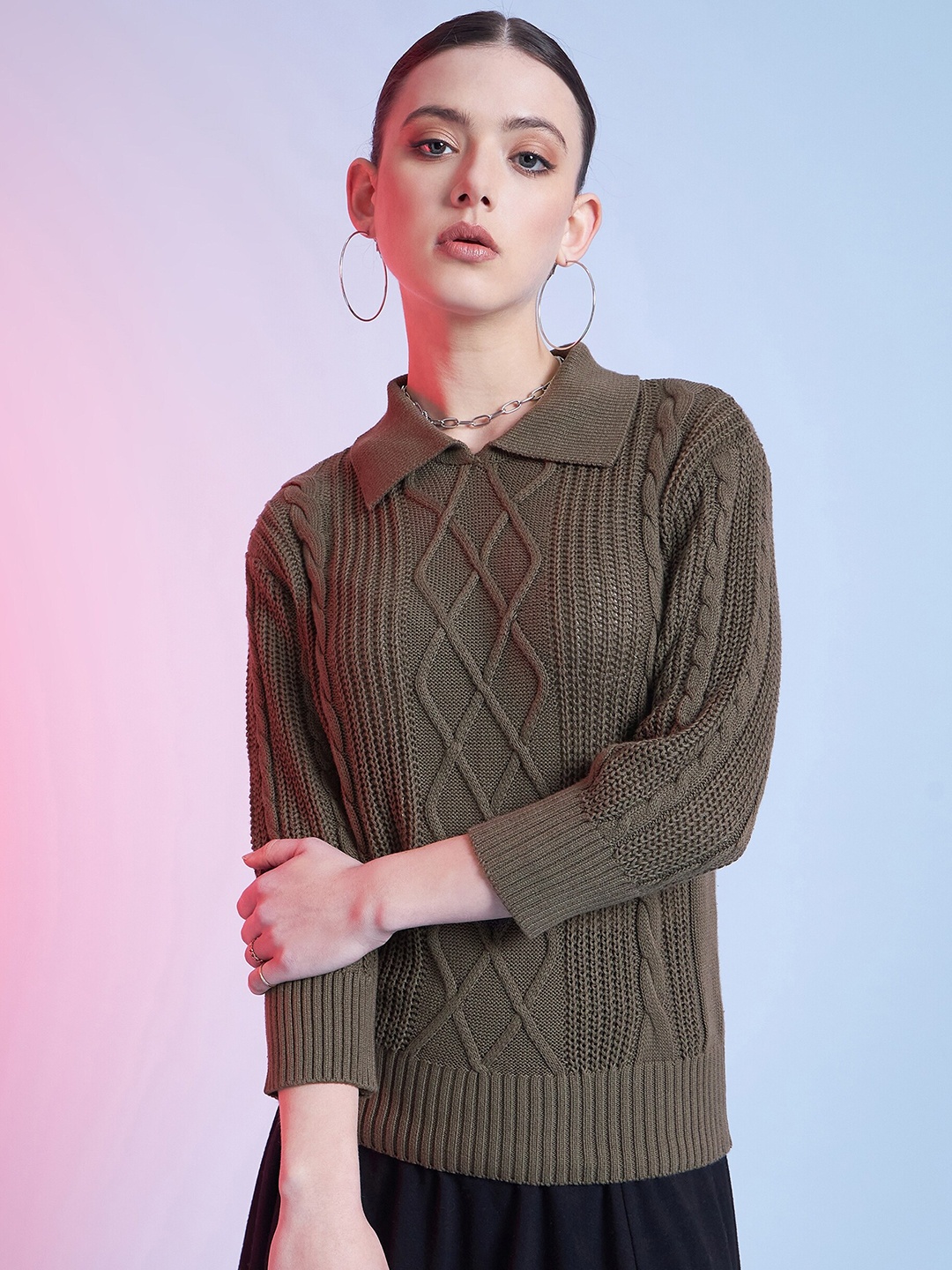 

STREET 9 Long Sleeves Mock Collar Cable Knit Pullover, Brown
