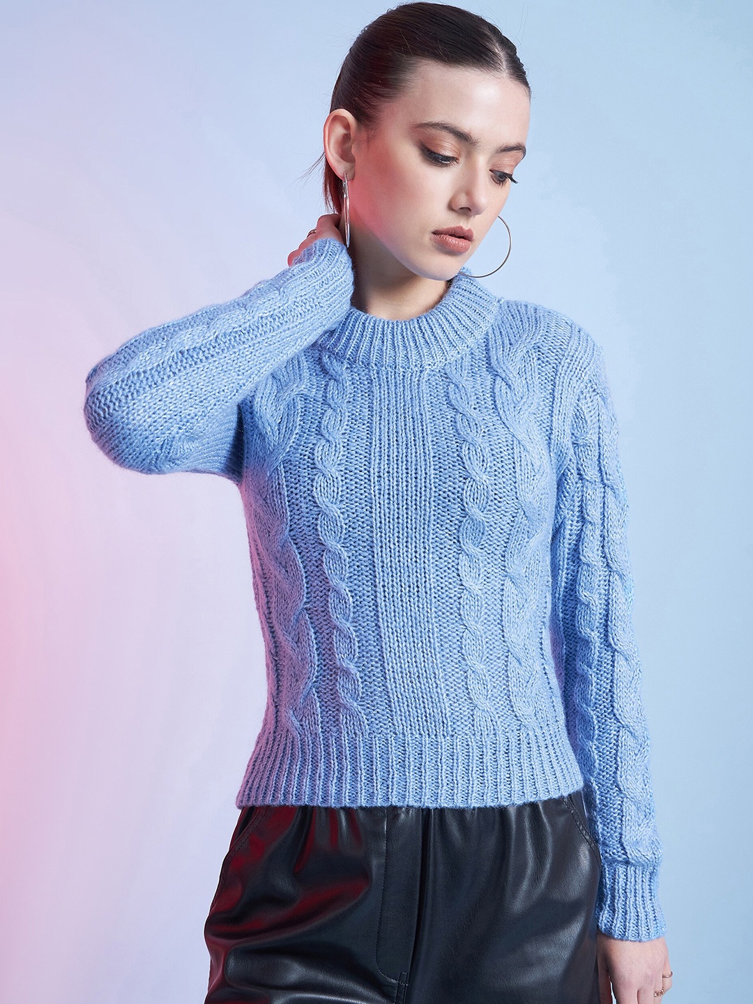 

STREET 9 Long Sleeves Round Neck Cable Knit Pullover, Blue