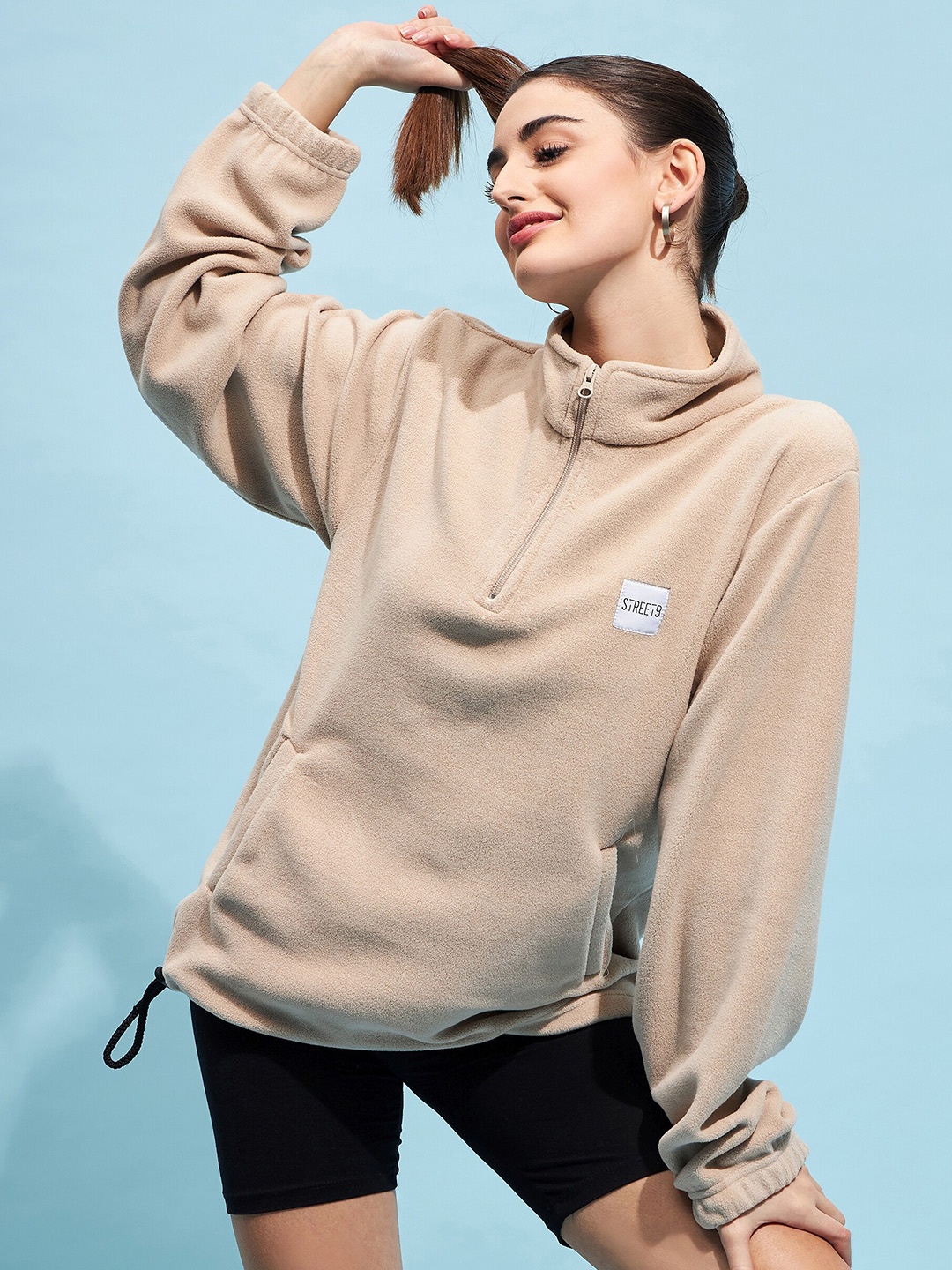 

STREET 9 Beige Mock Collar Oversized Sweatshirt