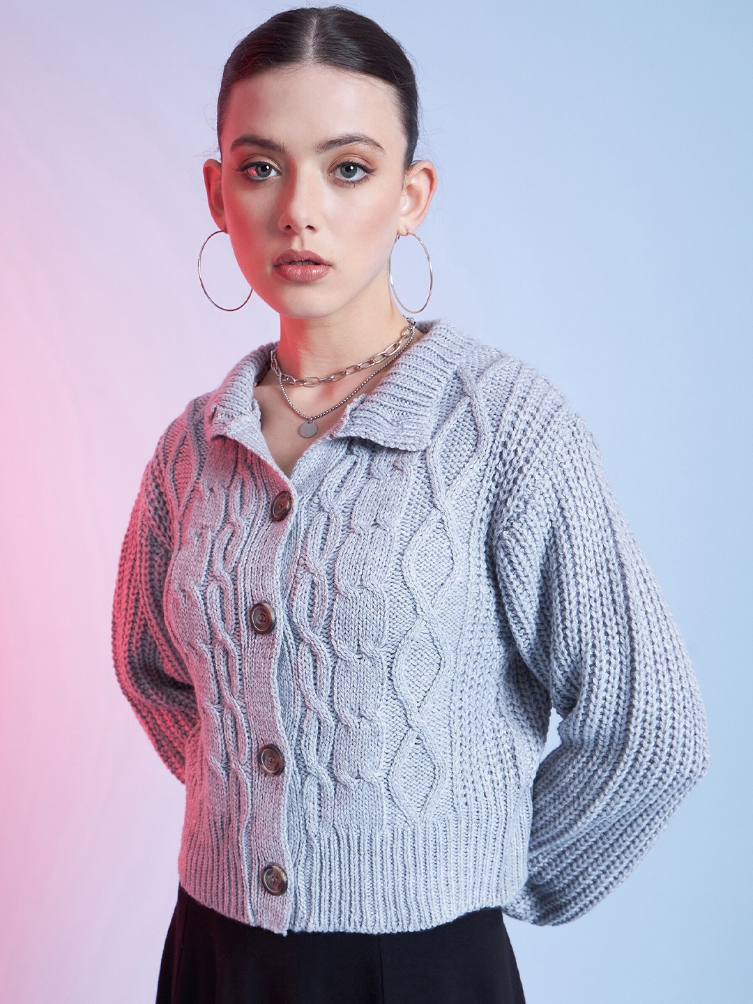 

STREET 9 Cable Ribbed Knit Cardigan, Grey