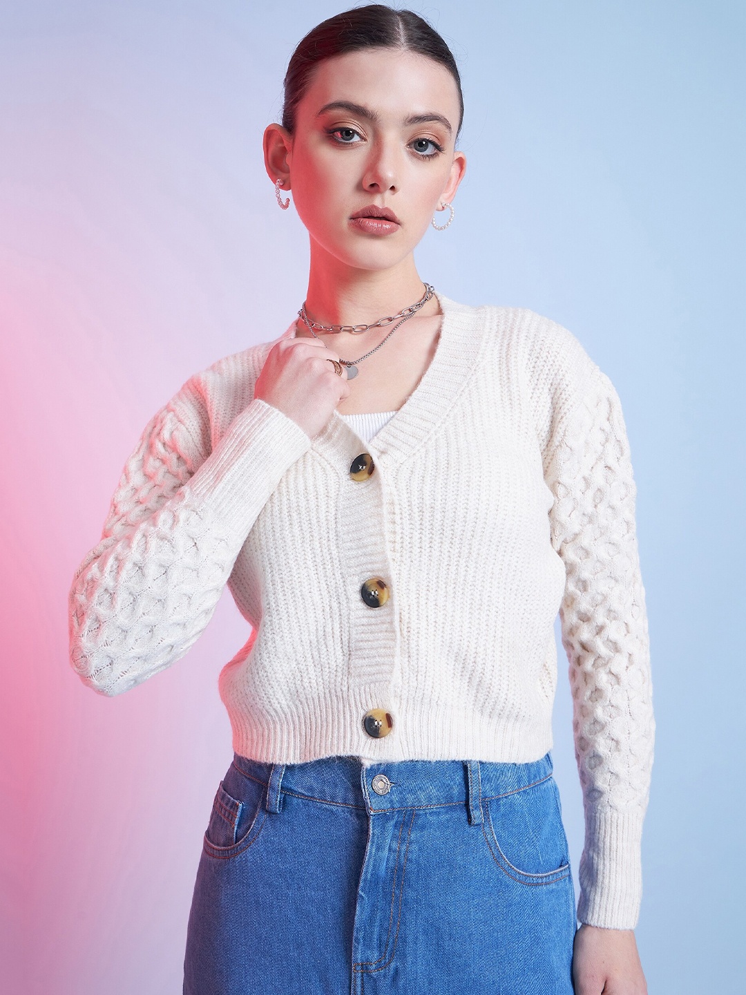 

STREET 9 Ribbed Crop Cardigan, Beige