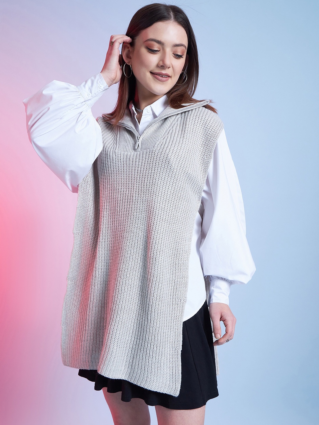 

STREET 9 Ribbed Longline Pullover, Grey