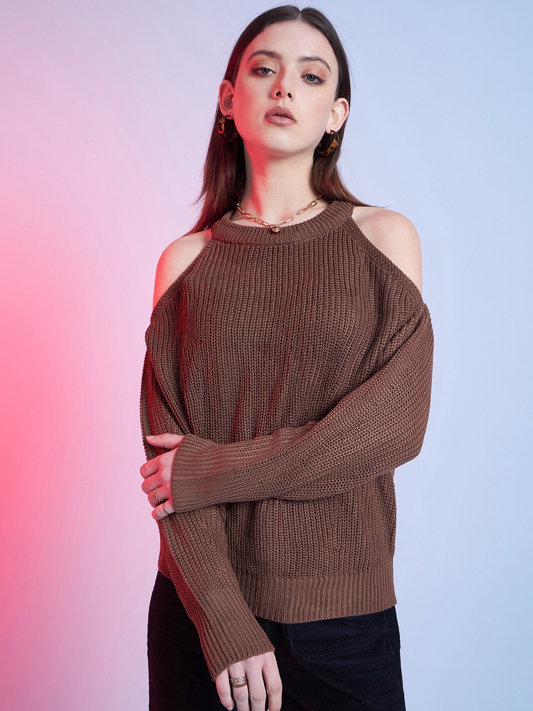 

STREET 9 Brown Ribbed Pullover Acrylic Sweater
