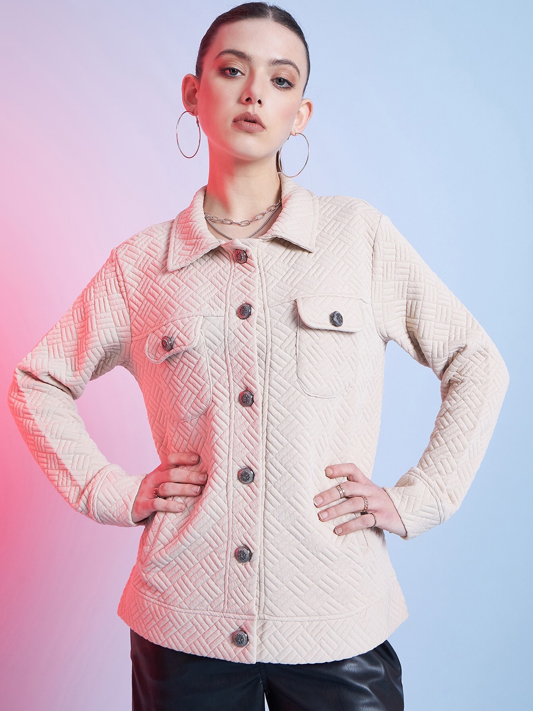 

STREET 9 Self Design Open Front Jacket, Beige