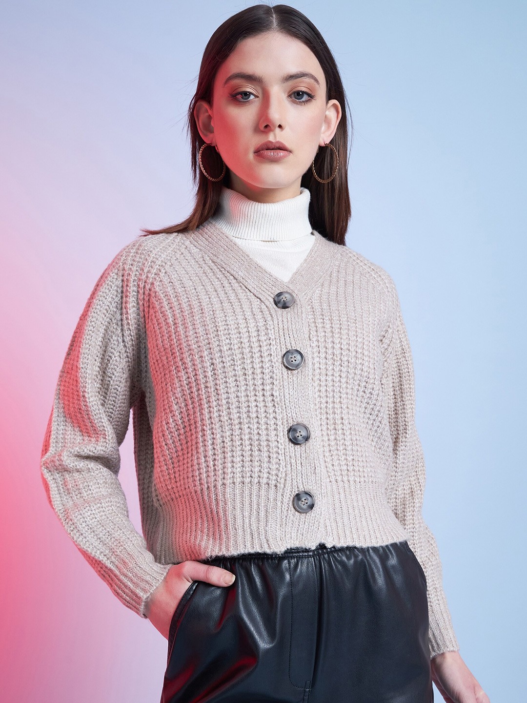 

STREET 9 Grey Ribbed Cardigan Acrylic Sweater
