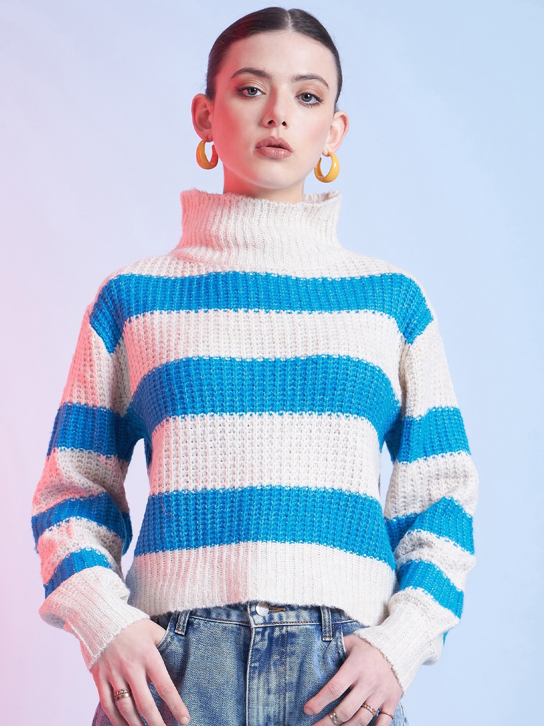 

STREET 9 Blue & White Striped Pullover Acrylic Sweater