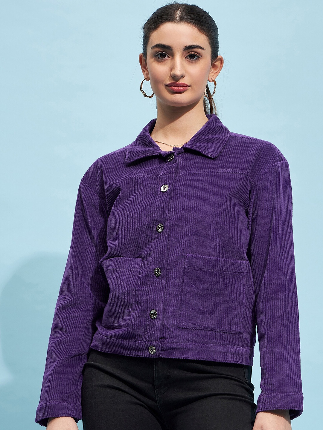 

STREET 9 Stand Collar Corduroy Open Front Jacket, Purple