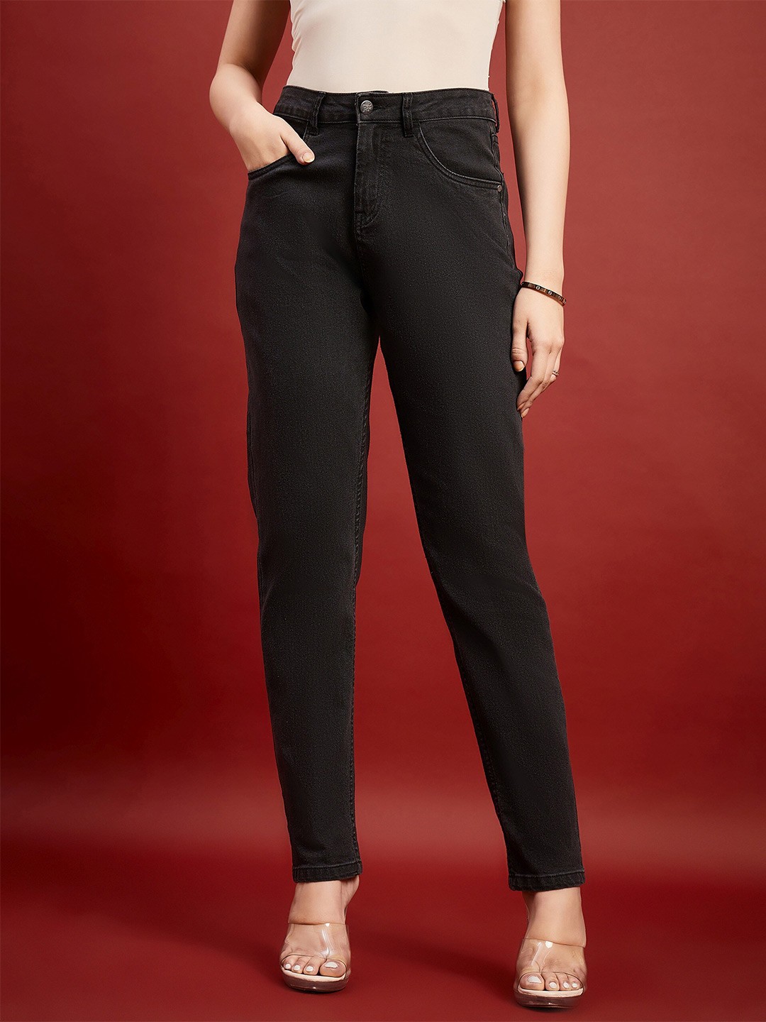 

all about you Women Black Comfort Boyfriend Fit High-Rise Clean Look Stretchable Jeans