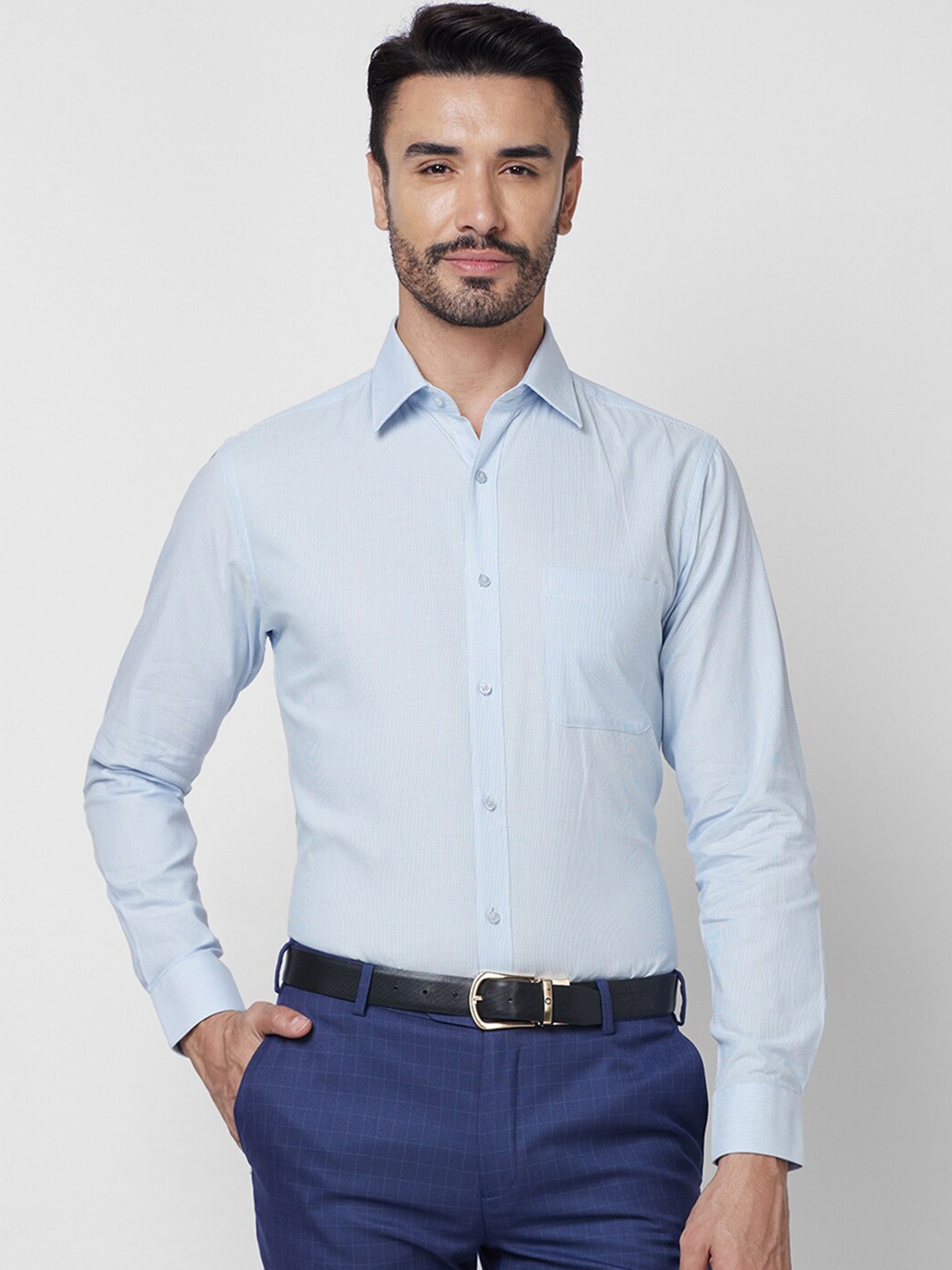 

Raymond Slim Fit Self Design Printed Cutaway Collar Pure Cotton Formal Shirt, Blue