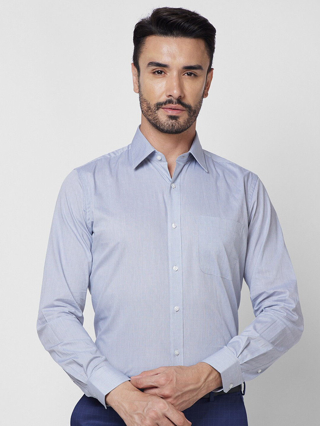 

Raymond Spread Collar Long Sleeves Checked Pure Cotton Shirts, Grey