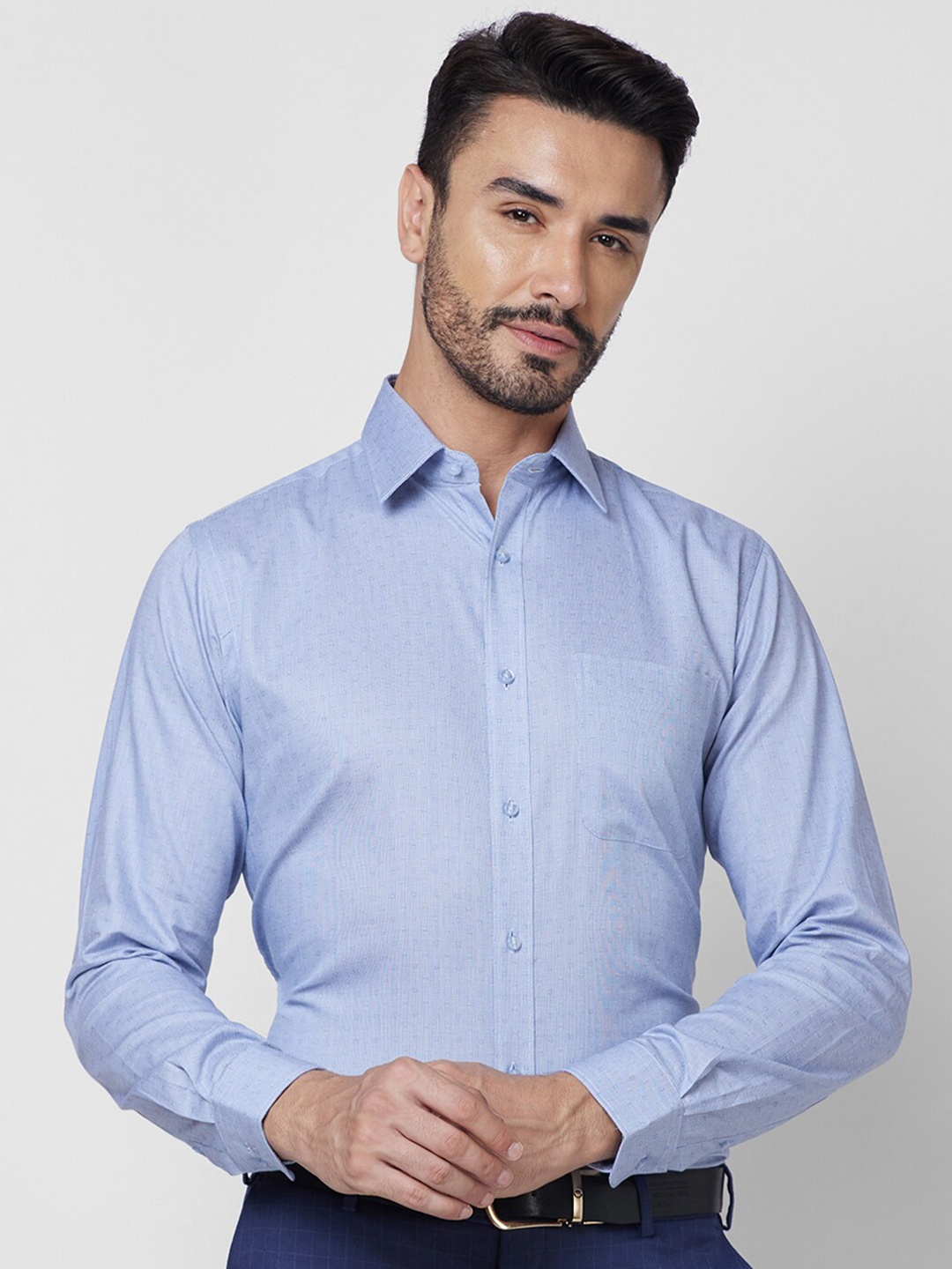 

Raymond Slim Fit Self Design Printed Cutaway Collar Pure Cotton Formal Shirt, Blue
