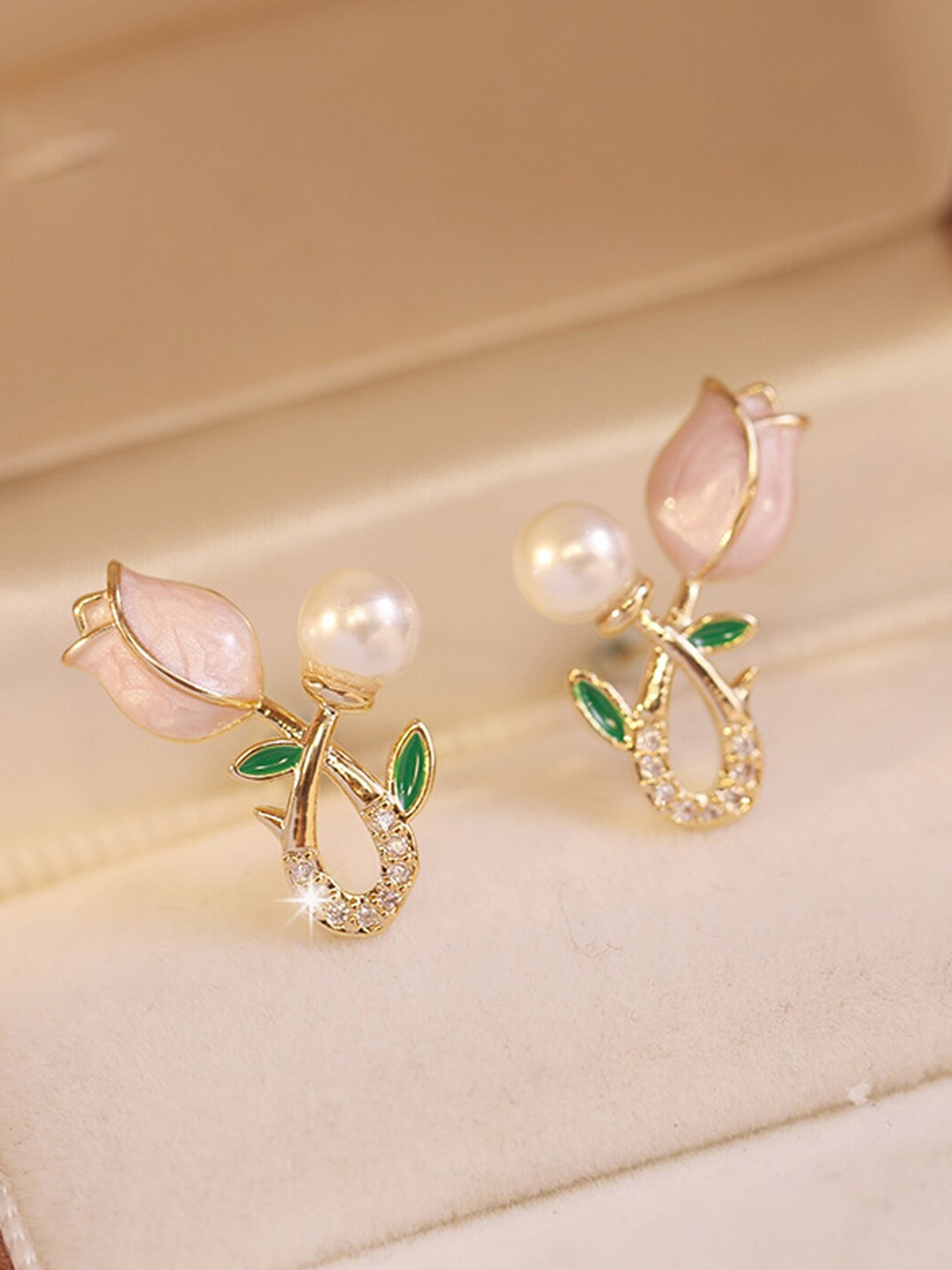 

VAGHBHATT Gold Plated Floral Pearl Stud Earrings, Pink