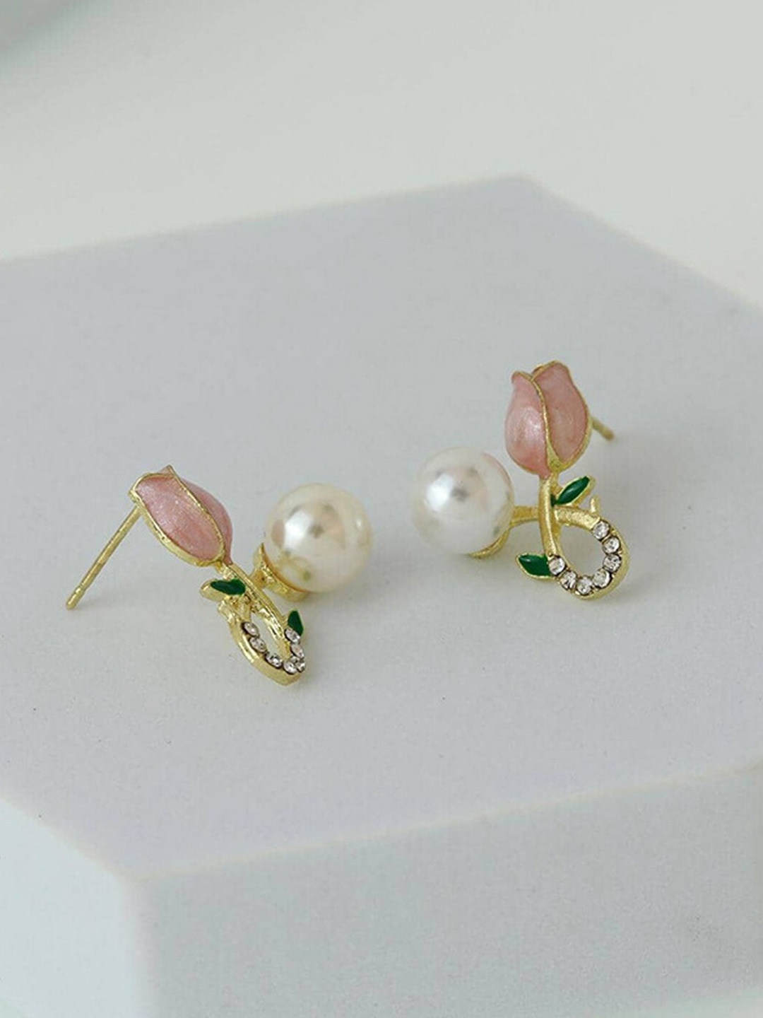 

VAGHBHATT Gold Plated Floral Pearl Stud Earrings, Pink