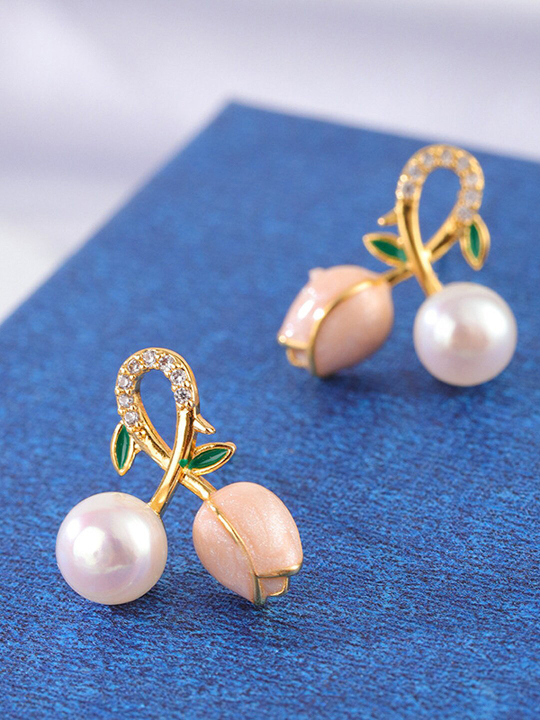 

VAGHBHATT Gold Plated Floral Pearl Stud Earrings, Pink