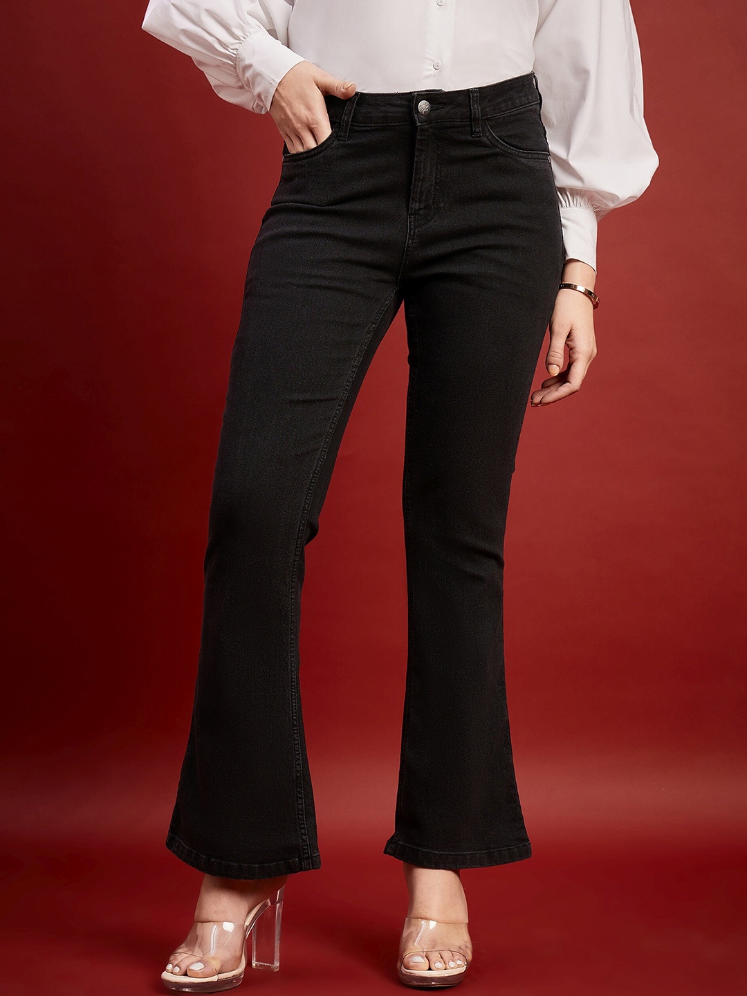 

all about you Women Black Comfort Flared Mid-Rise Clean Look Stretchable Jeans