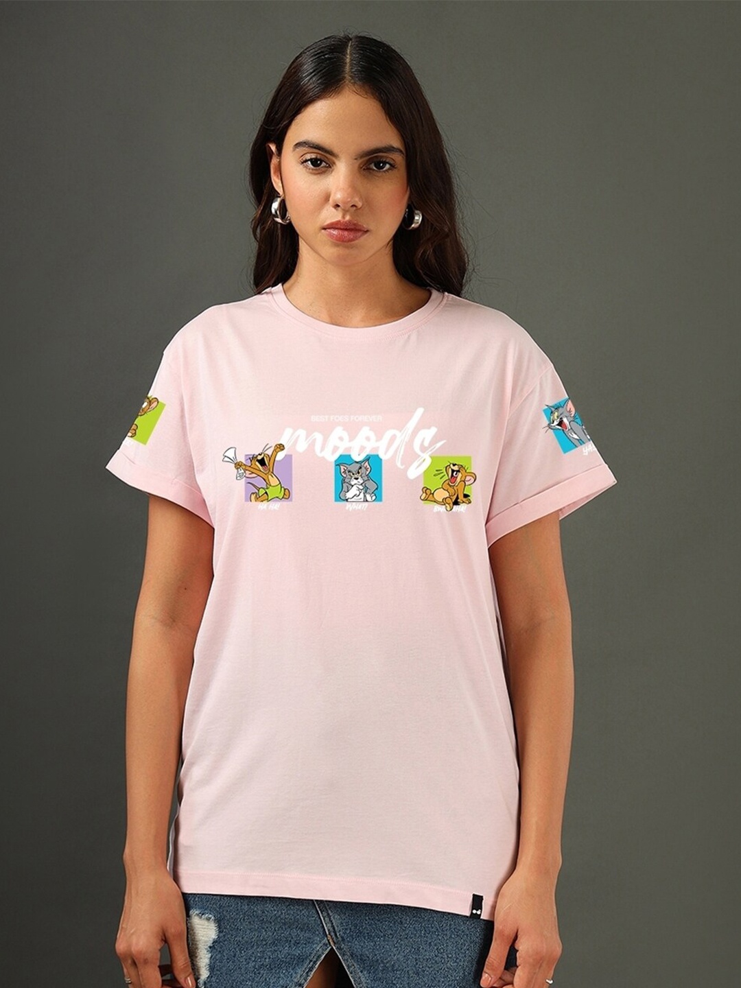 

Bewakoof Tom & Jerry Printed Drop-Shoulder Sleeves Relaxed Boyfriend Fit Cotton T-shirt, Pink