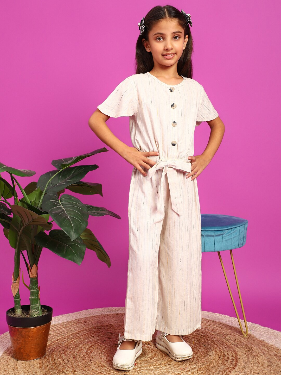 

TALES & STORIES Girls Vertical Striped Top With Palazzos, Cream