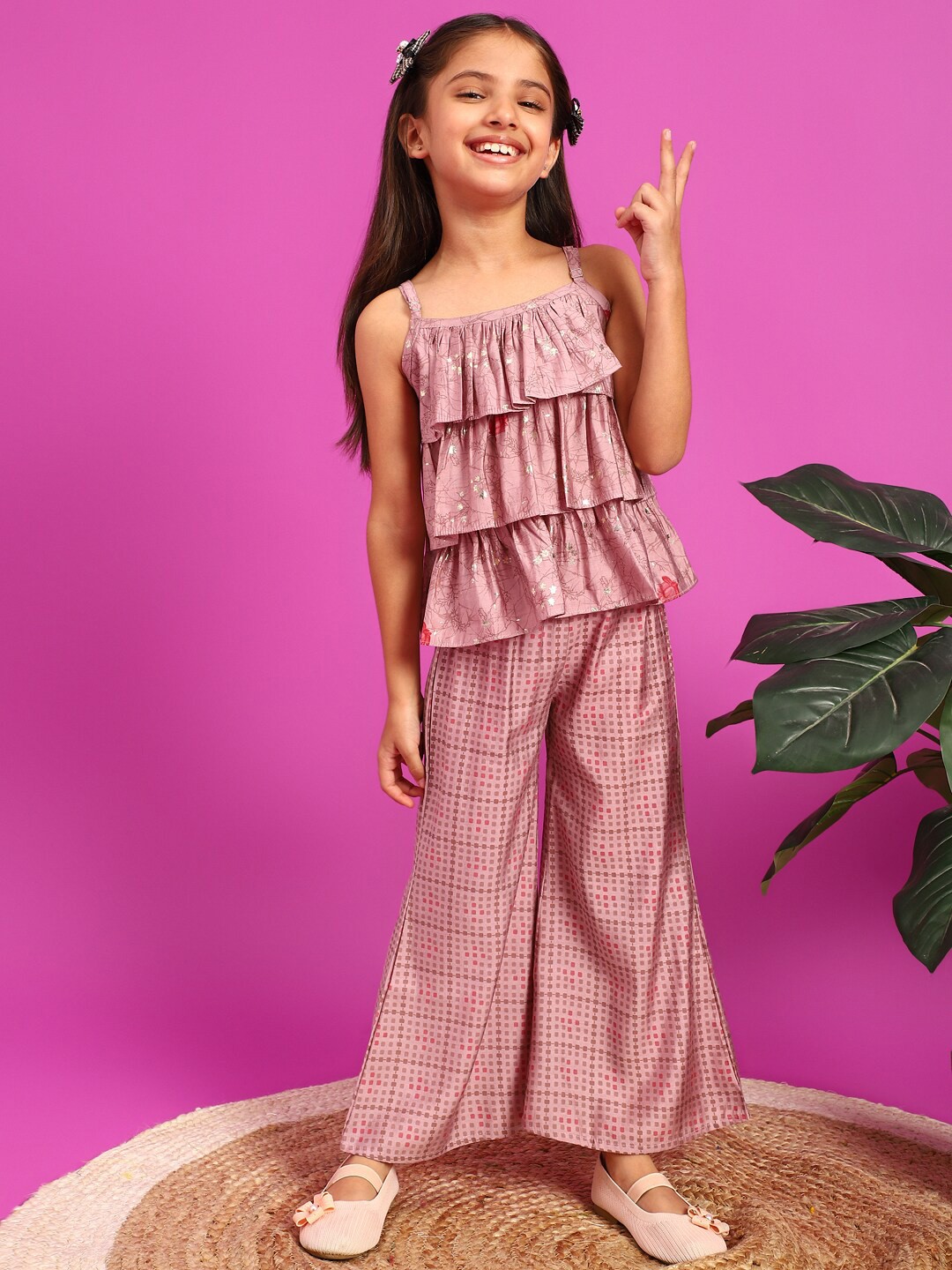 

TALES & STORIES Girls Floral Printed Shoulder Straps Layered Top with Palazzos, Pink