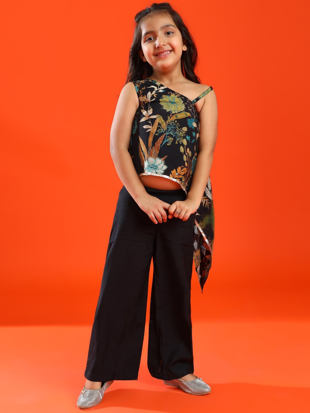 

TALES & STORIES Girls Floral Printed Asymmetric Neck Top with Palazzos, Black