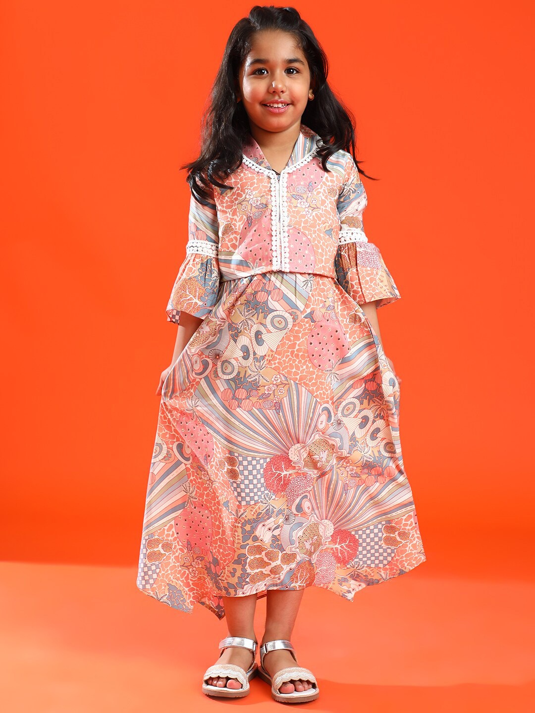 

TALES & STORIES Girls Ethnic Motifs Printed Top with Skirt, Orange