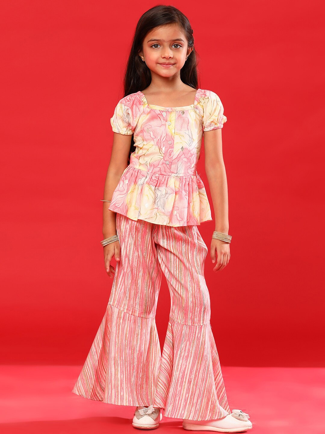 

TALES & STORIES Girls Floral Printed Top with Palazzos, Pink
