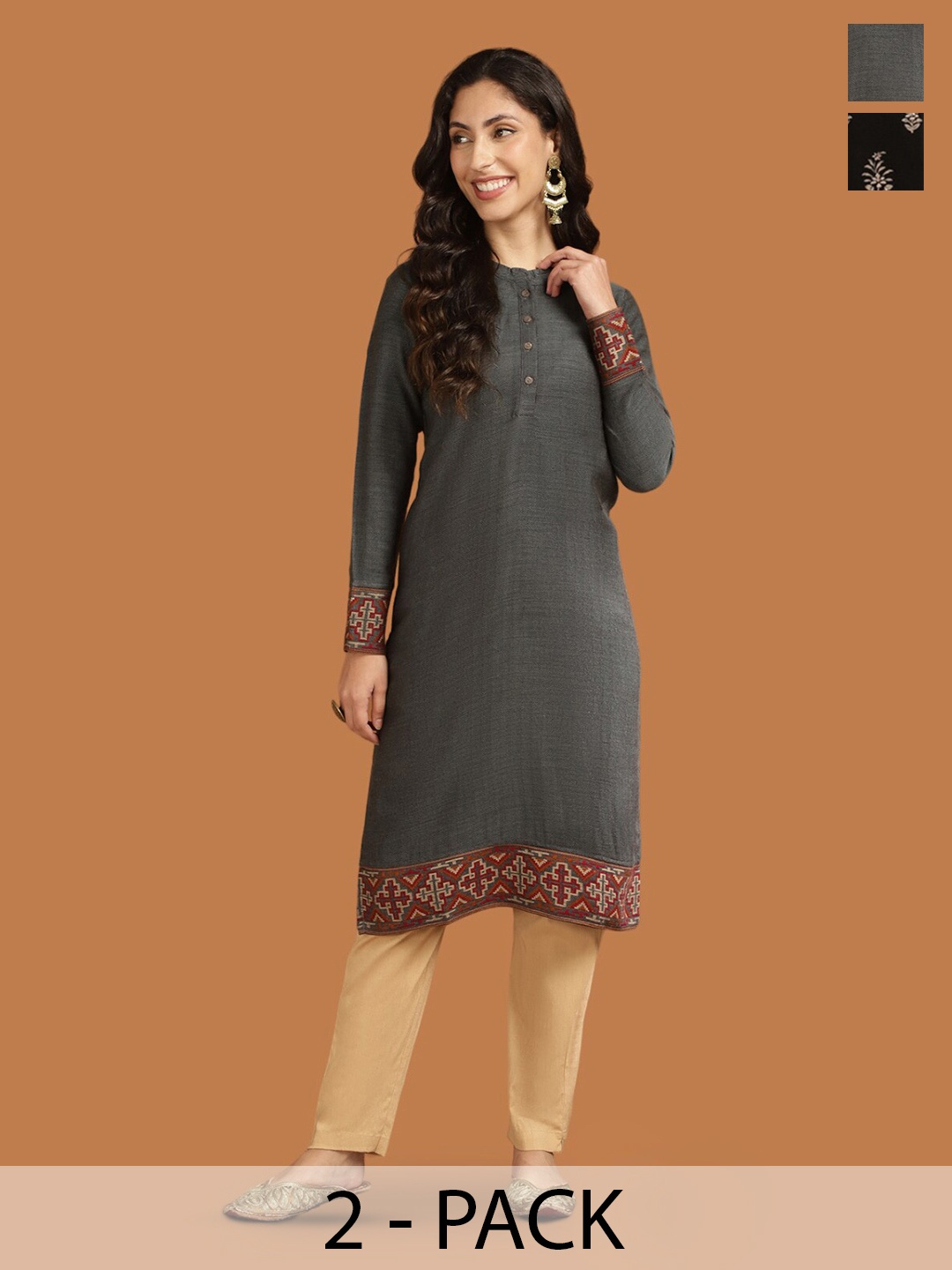 

Rangita Selection Of 2 Ethnic Motifs Embroidered Thread Work Acrylic Kurtas, Black