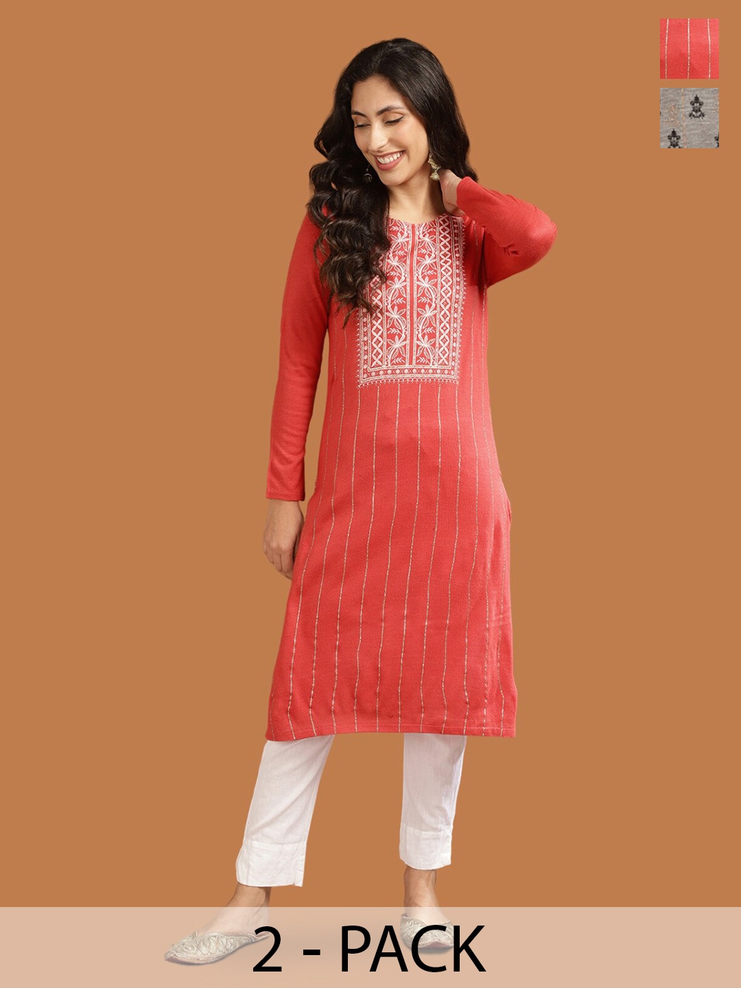 

Rangita Selection Of 2 Ethnic Motifs Embroidered Thread Work Acrylic Kurtas, Coral