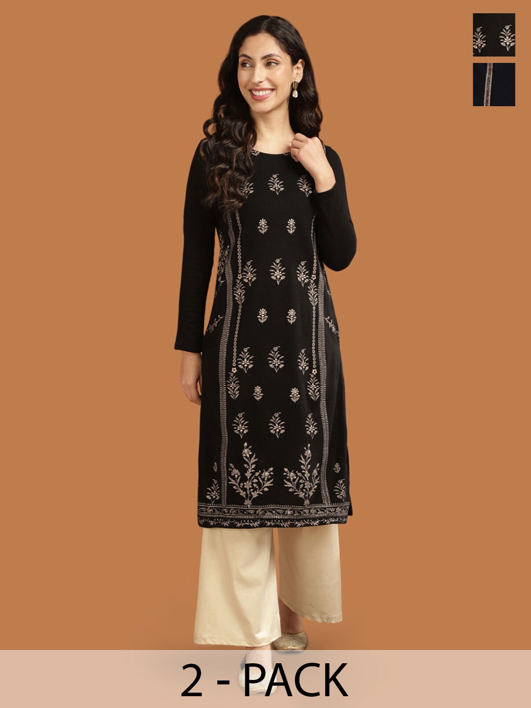 

Rangita Selection of 2 Ethnic Motifs Printed Round Neck Kurtas, Navy blue