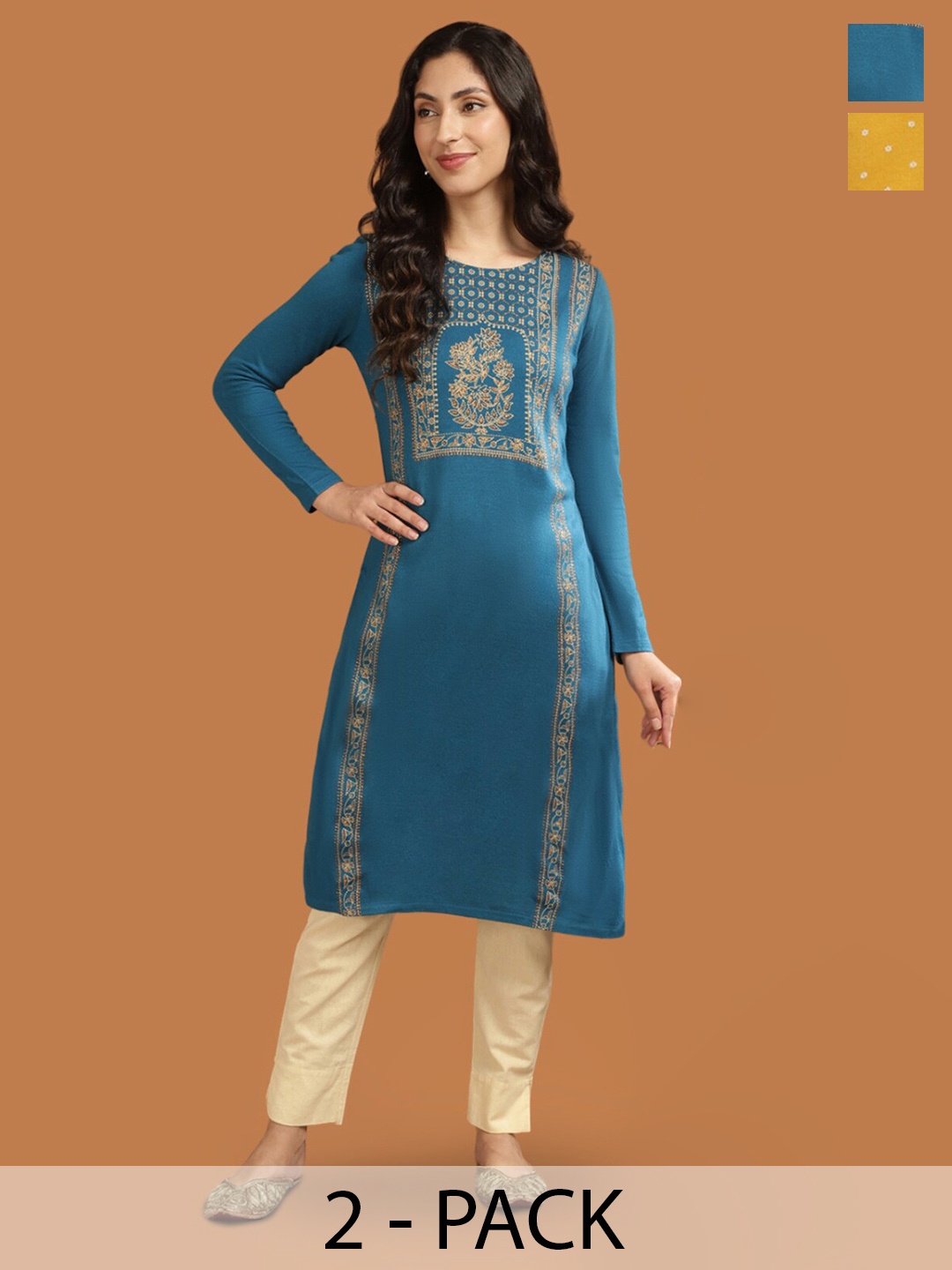

Rangita Selection Of 2 Ethnic Motifs Embroidered Thread Work Acrylic Kurtas, Blue