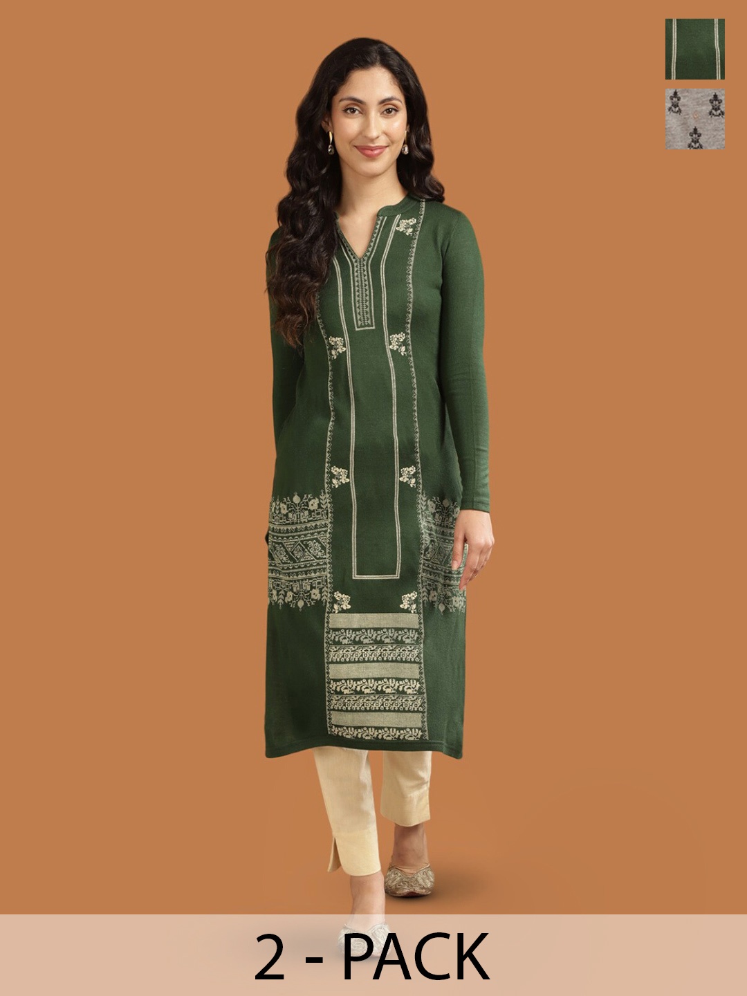 

Rangita Selection Of 2 Ethnic Motifs Printed Acrylic Straight Kurta, Green
