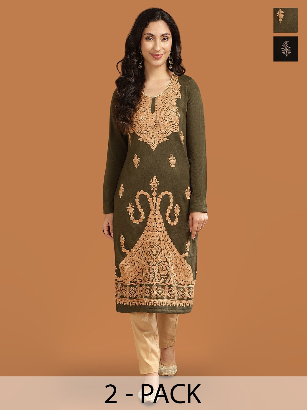 

Rangita Selection Of 2 Ethnic Motifs Printed Acrylic Straight Kurta, Olive