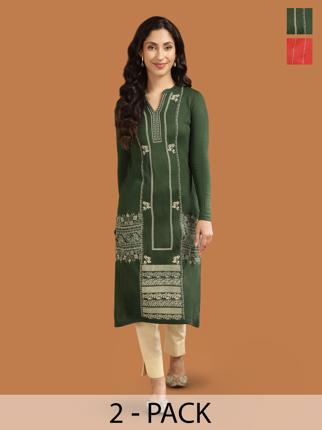 

Rangita Selection Of 2 Ethnic Motifs Printed Acrylic Straight Kurta, Green