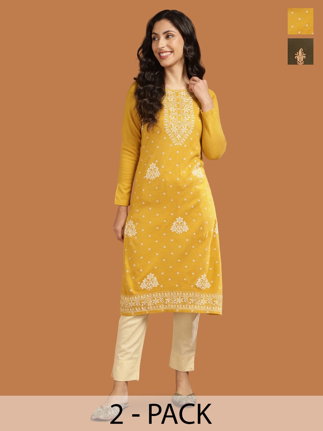 

Rangita Selection Of 2 Ethnic Motifs Printed Acrylic Straight Kurta, Mustard