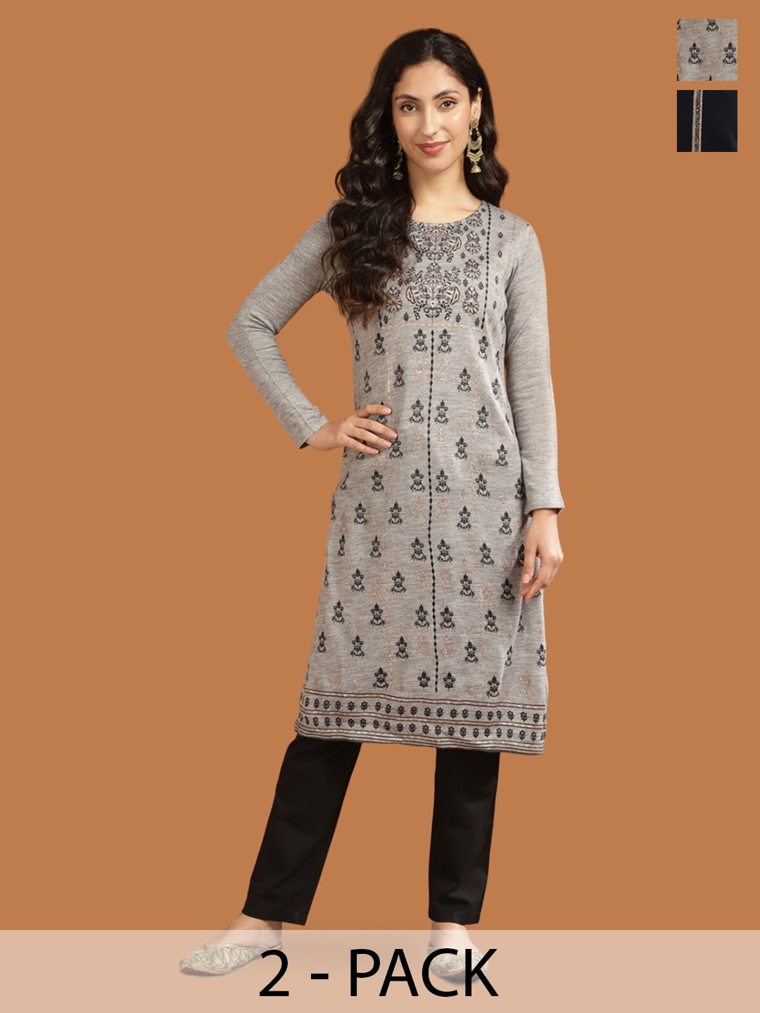 

Rangita Selection Of 2 Ethnic Motifs Printed Acrylic Straight Kurta, Grey