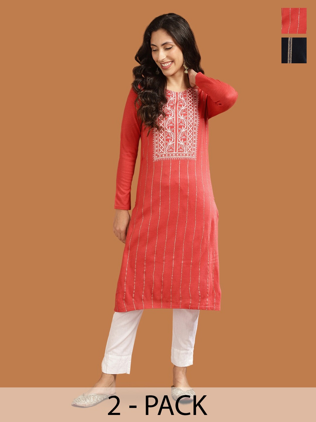

Rangita Selection of 2 Ethnic Motifs Printed Round Neck Kurtas, Red