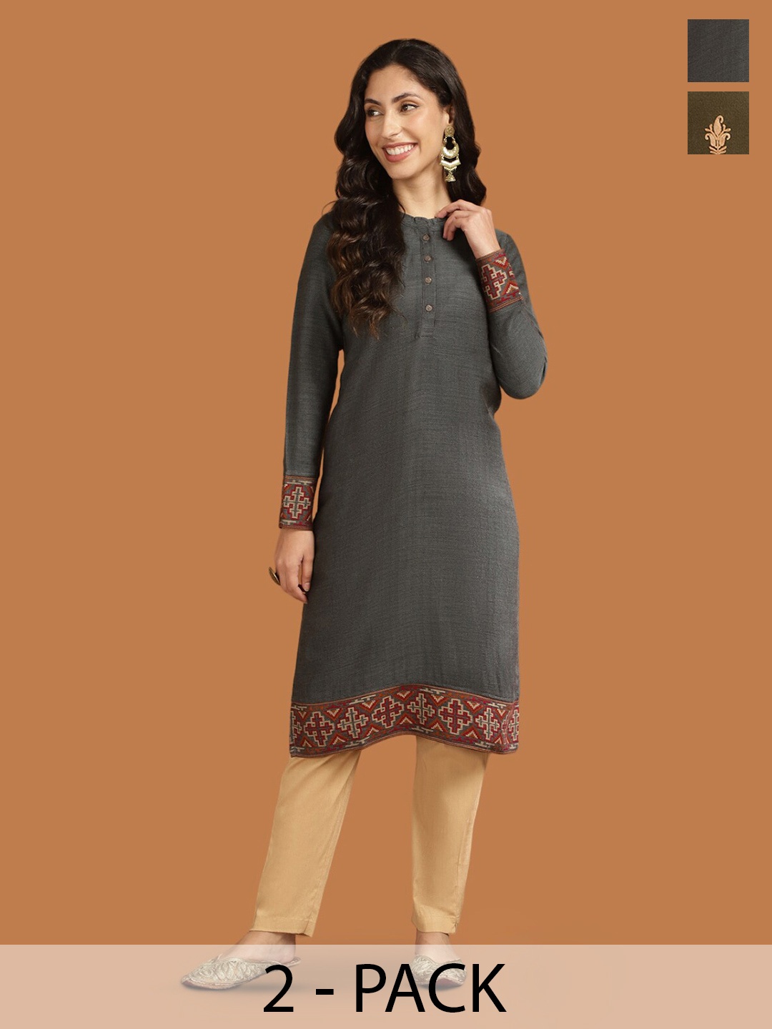 

Rangita Selection Of 2 Ethnic Motifs Embroidered Thread Work Acrylic Kurtas, Olive