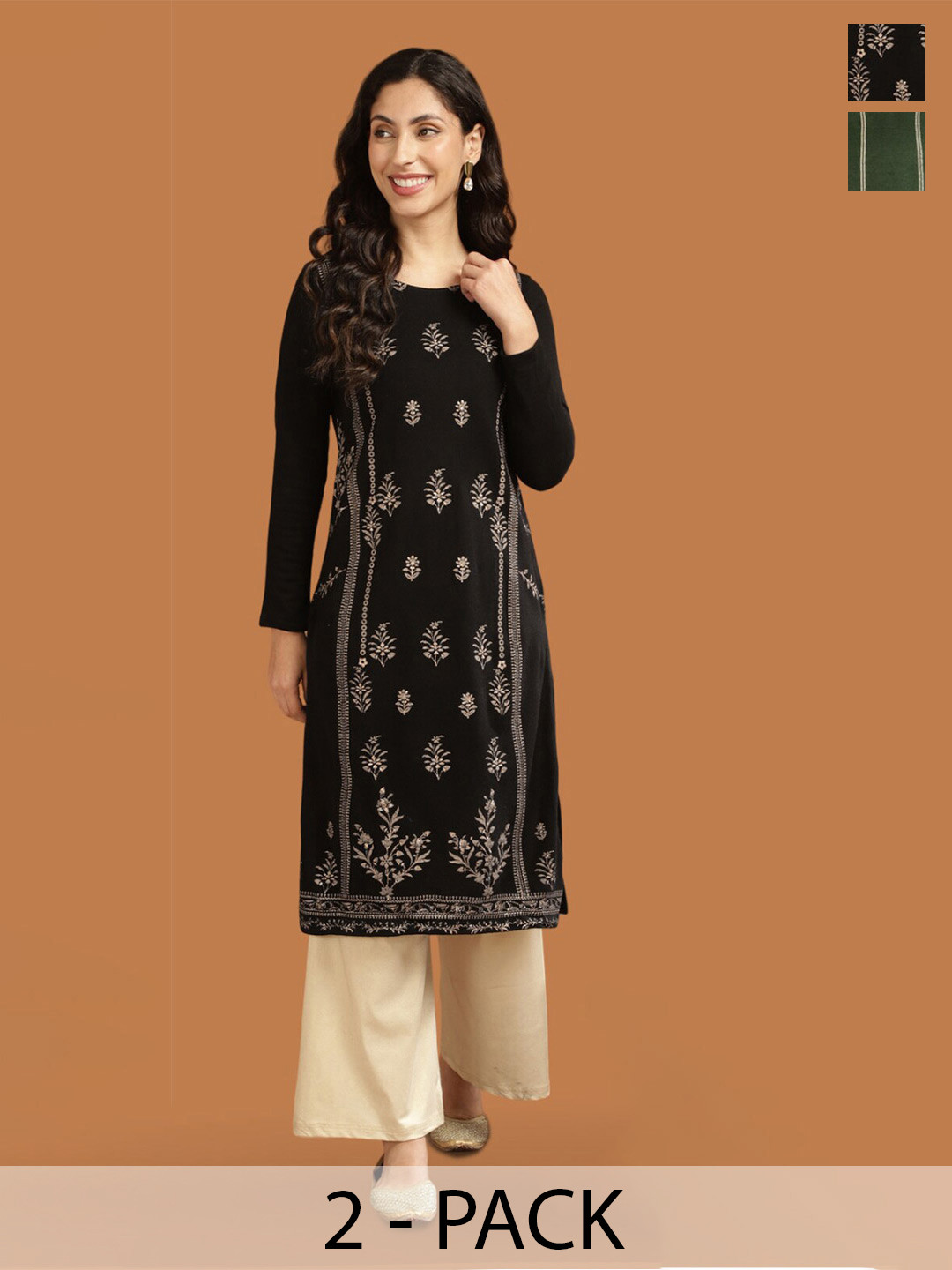 

Rangita Selection Of 2 Ethnic Motifs Printed Acrylic Straight Kurta, Black