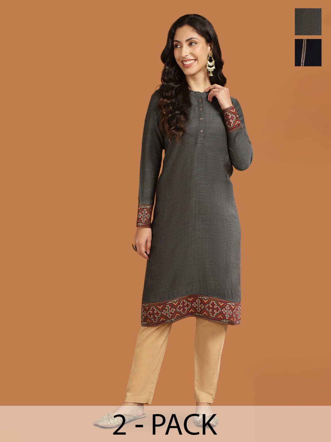 

Rangita Selection Of 2 Ethnic Motifs Printed Acrylic Kurta, Grey
