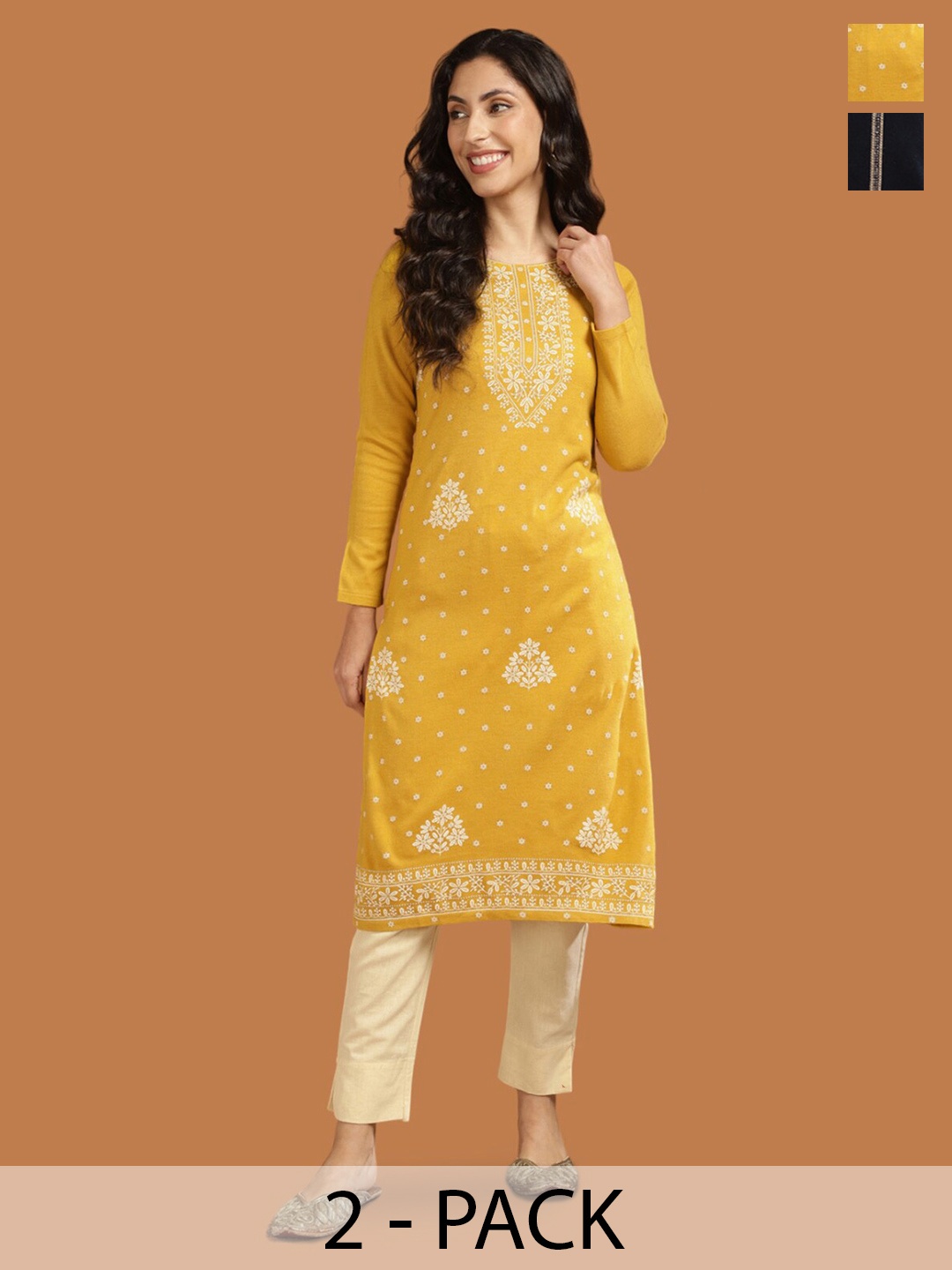 

Rangita Selection Of 2 Ethnic Motifs Printed Acrylic Straight Kurta, Mustard