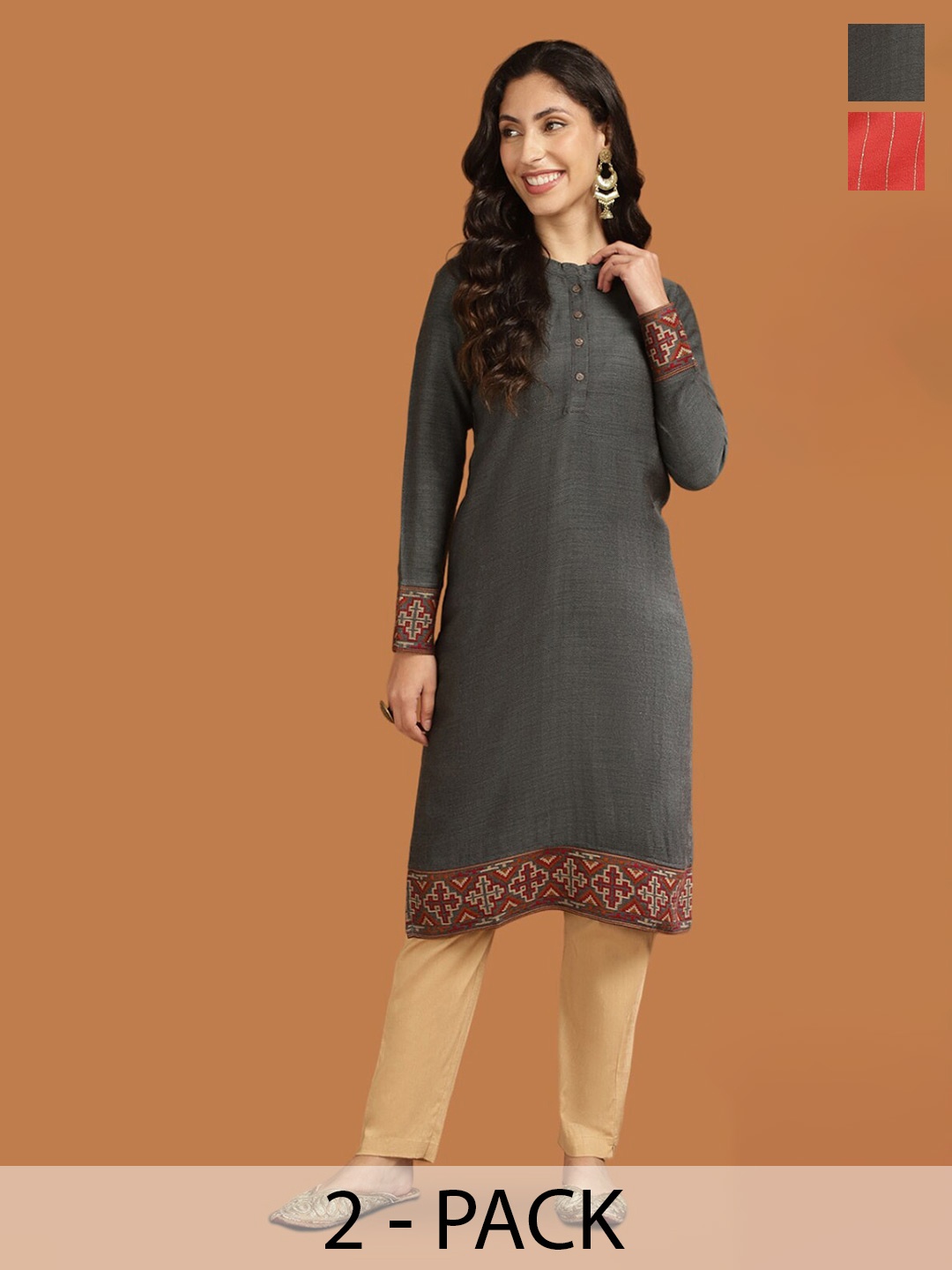 

Rangita Selection Of 2 Ethnic Motifs Embroidered Thread Work Acrylic Kurtas, Grey