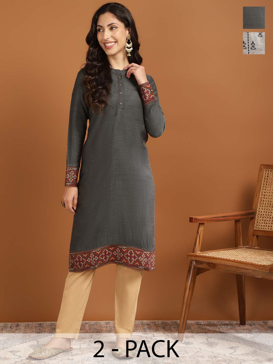 

Rangita Selection Of 2 Woven Design Pure Acrylic Thread Work Straight Kurtas, Brown